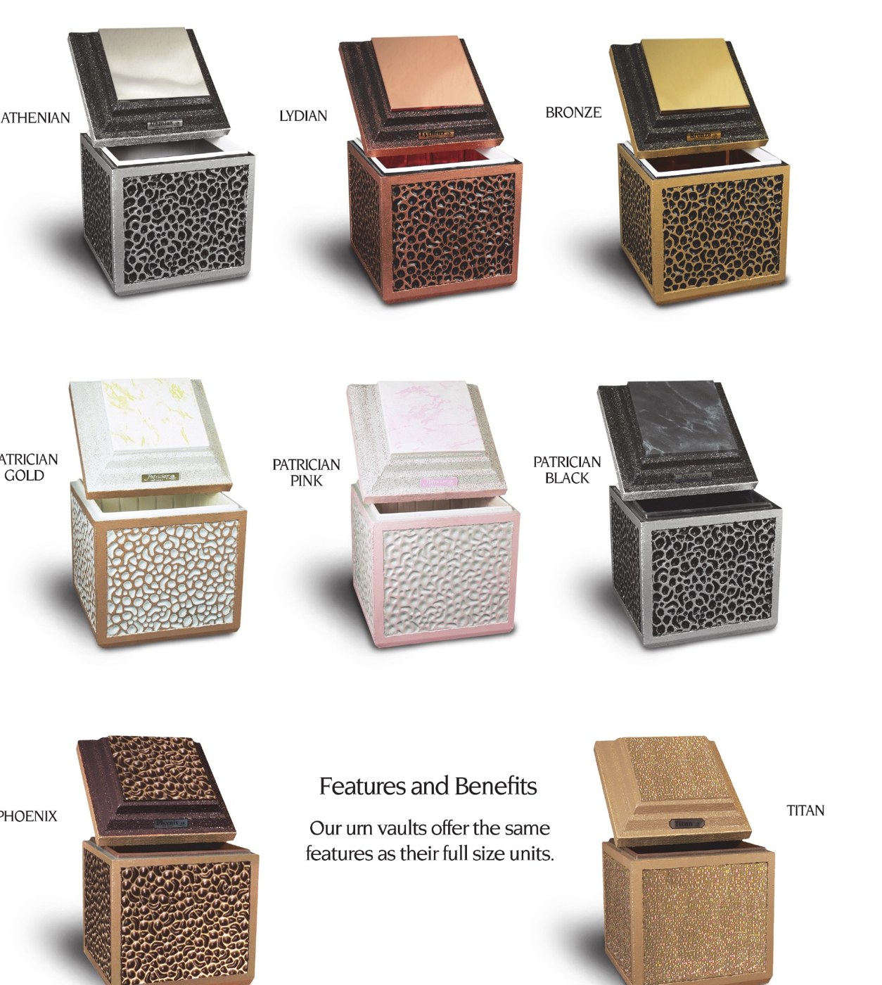 Doric lined concrete urn vaults in Athenian, Lydian, Bronze, Patrician, Phoenix and Titan finishes