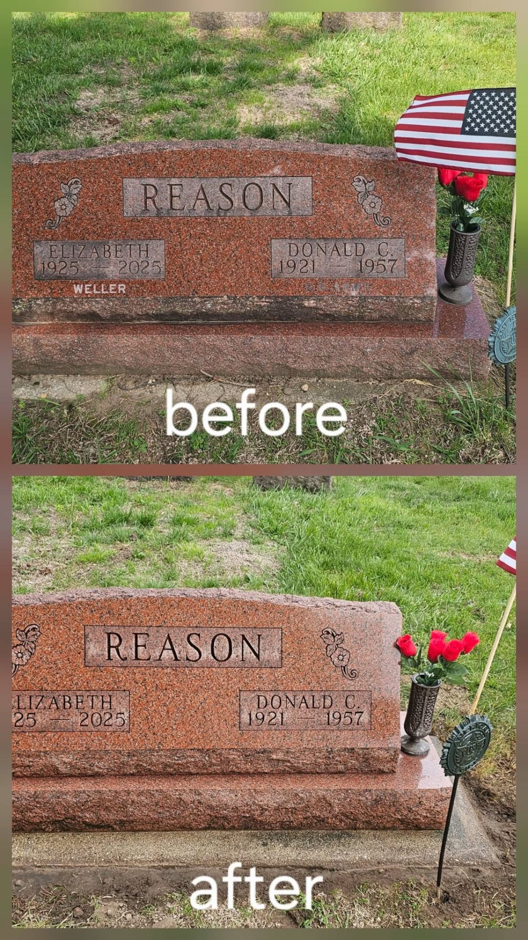 Reason headstone before and after professional cleaning by Family Burial Services